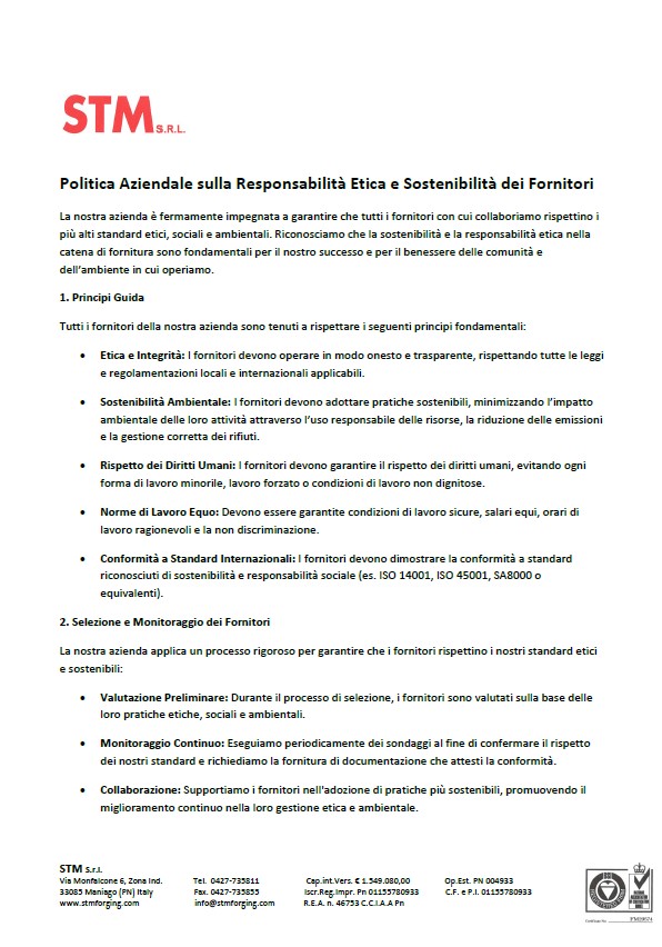 Politica Aziendale sulla Responsabilit&agrave; Etica e Sostenibilit&agrave; dei Fornitori