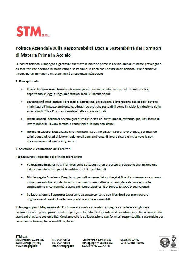 Politica Aziendale sulla Responsabilit&agrave; Etica e Sostenibilit&agrave; dei Fornitori di Materia Prima in Acciaio